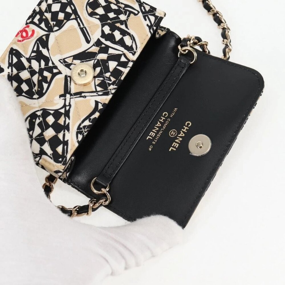CHANEL Matelasse Checkered Flag Chain Shoulder Bag Nylon Beige CC Auth 125975M - Picture 12 of 16